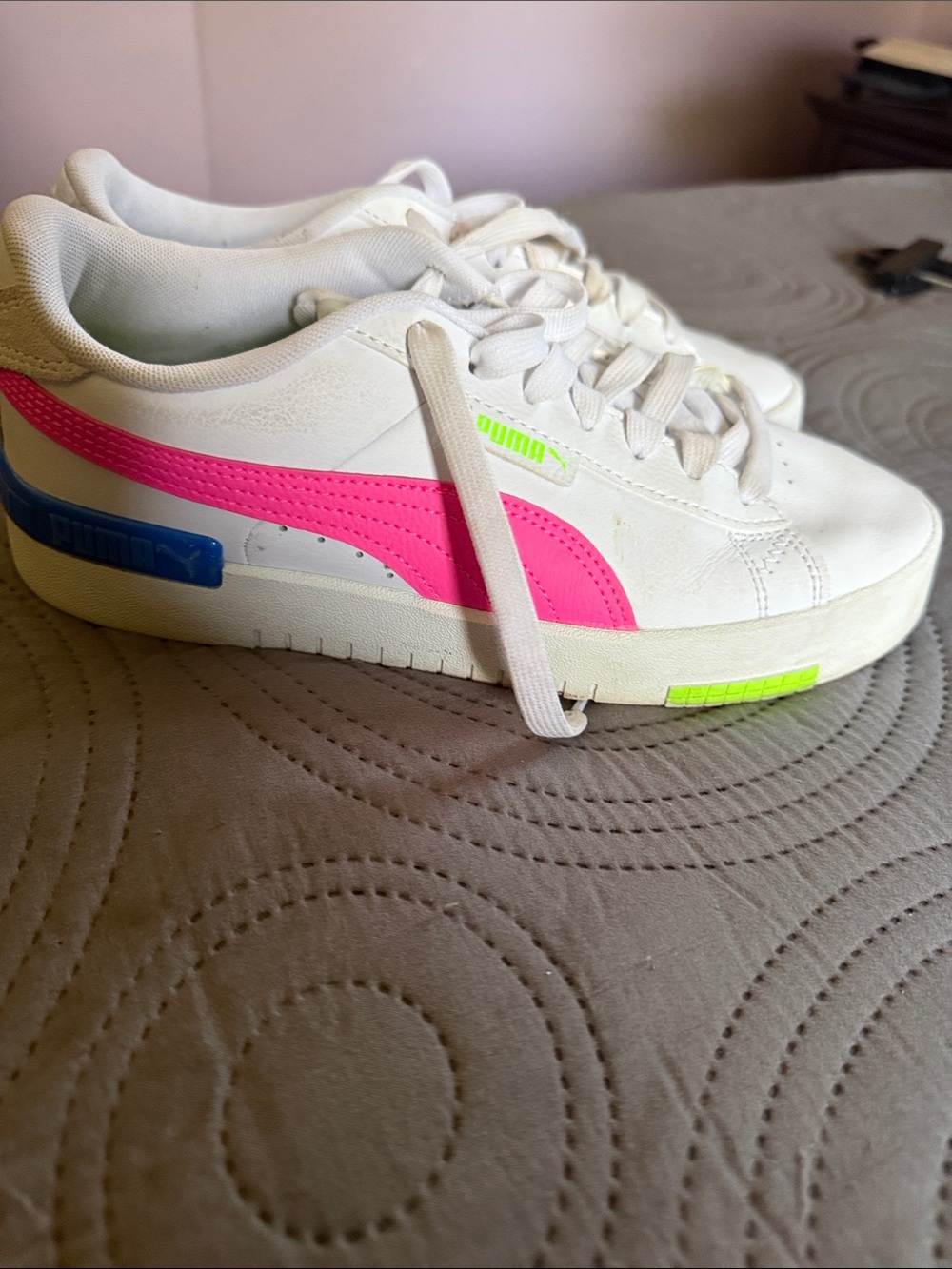 Puma White  Sneakers with Hot Pink Stripe and Neon Accents- women’s 8.5 US
